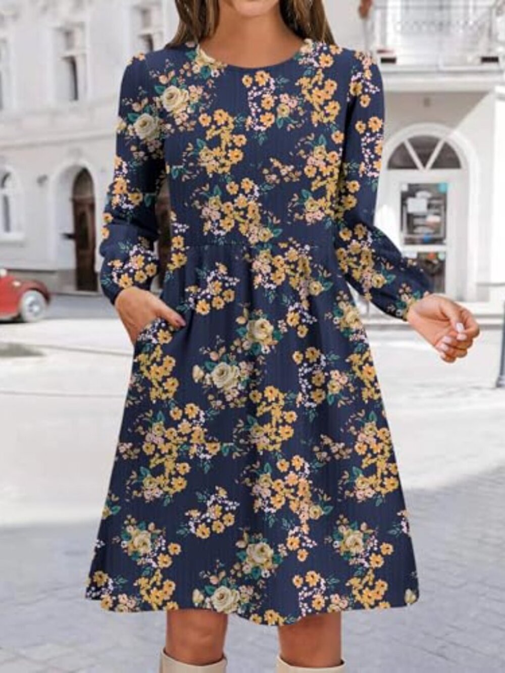 🆕 Women's Casual Knit Sweater Dress with Pockets Crew Neck Long Sleeve A-Line - Picture 2 of 4